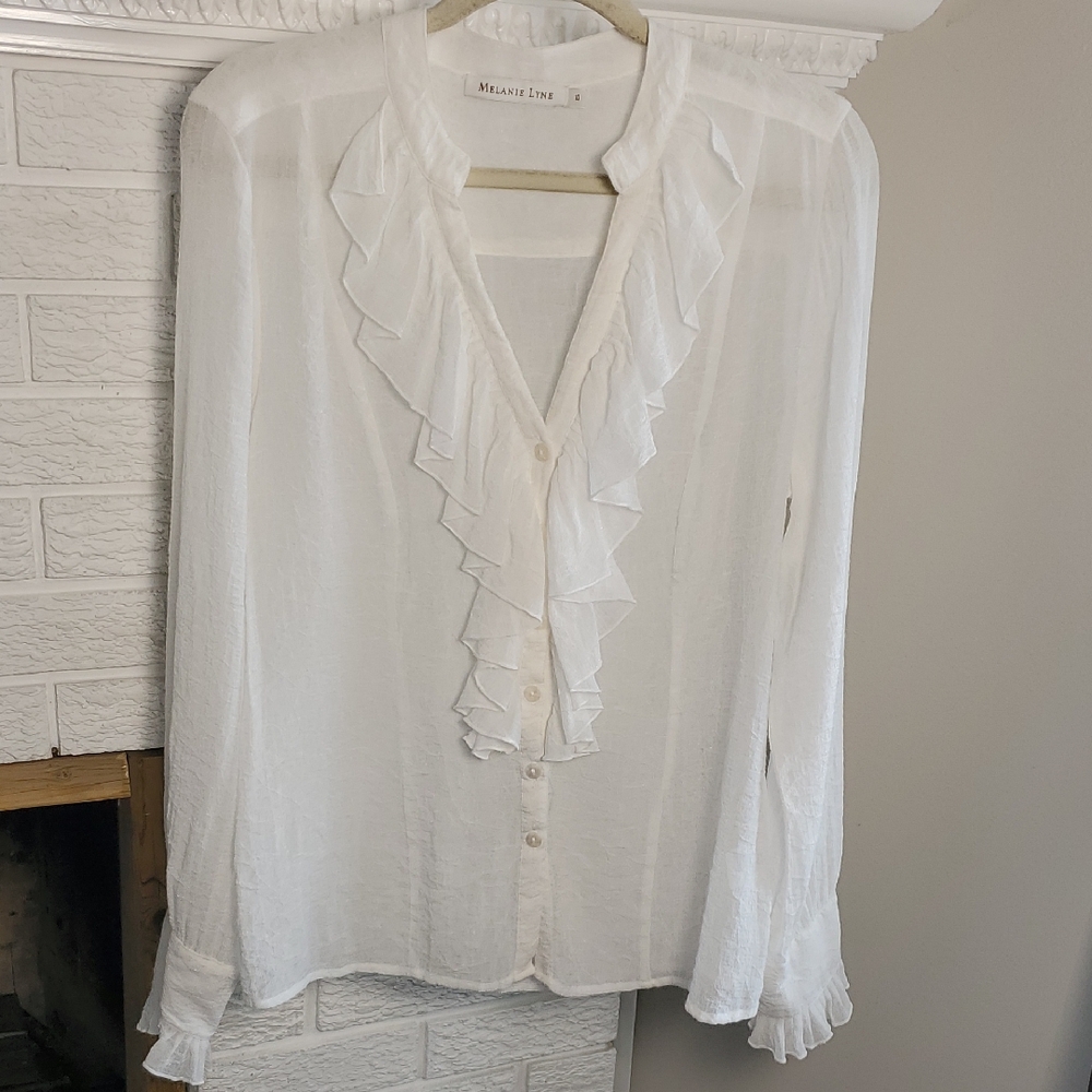 Melanie Lyne Women's White Ruffle Button Up Long Sleeve Blouse Sz 10 Goth Whitch